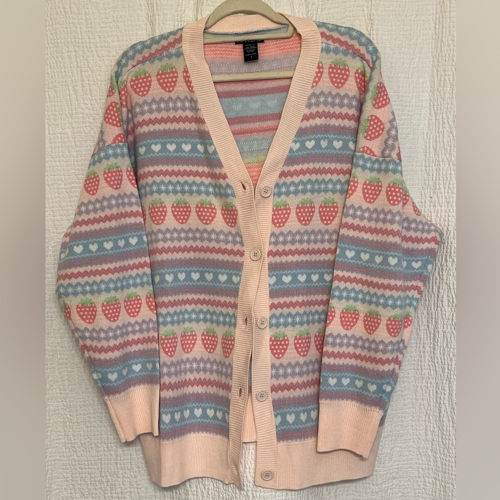 Hot Topic Pink and Blue Cardigan Sweater with Strawberry Pattern